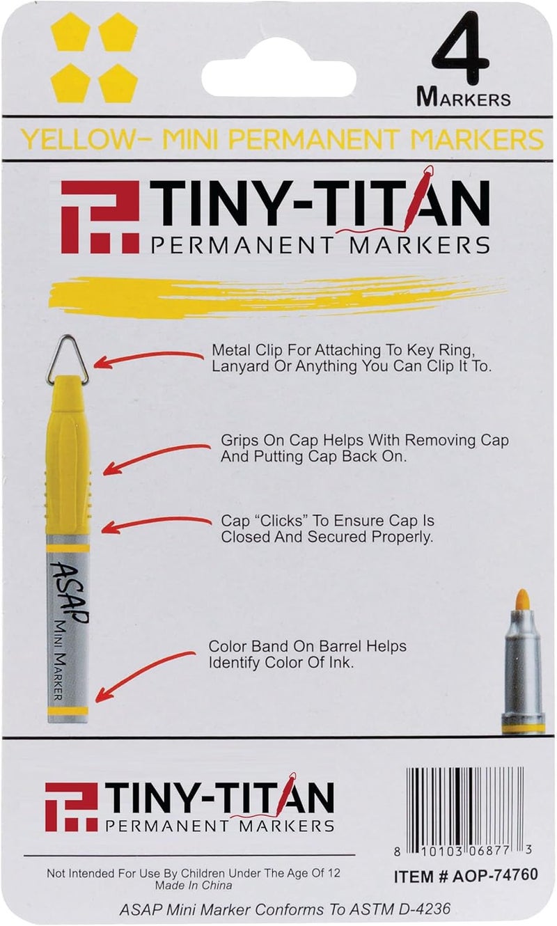 Tiny-Titan Mini Markers, Mini Markers, Keychain Clip, Golf Ball Marker, Clip On Nurse's Badge - Mini Markers - YELLOW Ink - Fine Point - 4 Pens Per Pack - Image 3